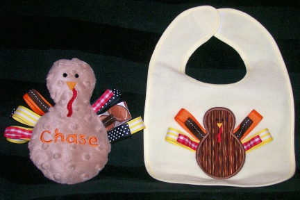 Baby Turkey-embroidered, bib, toy, turkey, ribbon, Thanksgiving, Autumn, Fall