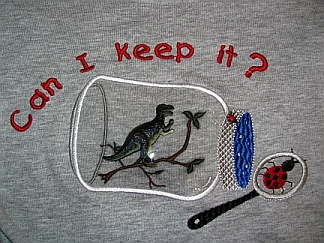 Dino Jar-embroidered, shirt, bug jar, dinosaur, plastic, toy