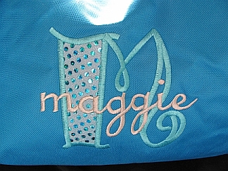 Maggiefont-embroidered, stacked monogram, font,bag, shirt